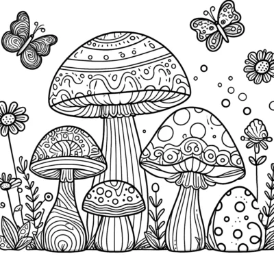 Line drawing of various stylized mushrooms surrounded by flowers and butterflies, designed for coloring.