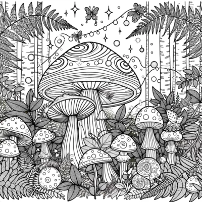 Black and white illustration of various stylized mushrooms surrounded by ferns, plants, and celestial elements like stars and circles.