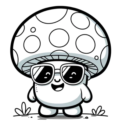 A cartoon mushroom character with a large spotted cap, wearing sunglasses, and smiling, set against a simple background with small plants.