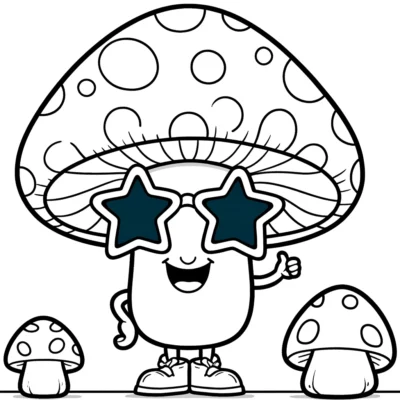 Cartoon of a smiling mushroom with star-shaped sunglasses, waving, alongside two smaller mushrooms, all outlined in black on a white background.