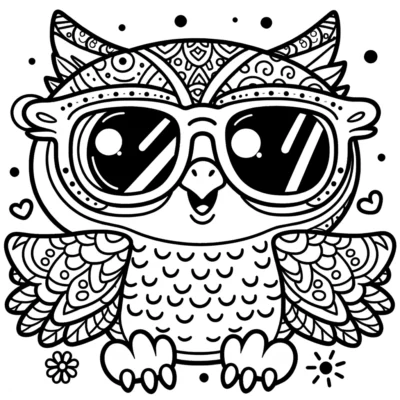 Black and white illustration of a highly detailed, cartoon-style owl with large eyes, surrounded by hearts and decorative elements.