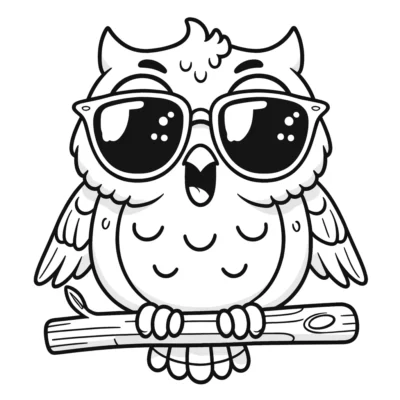 Illustration of a cute owl wearing sunglasses, perched on a branch, rendered in black and white line art style.