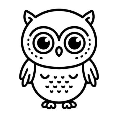 Black and white line drawing of a cute, cartoon-style owl with large eyes and dotted chest feathers.