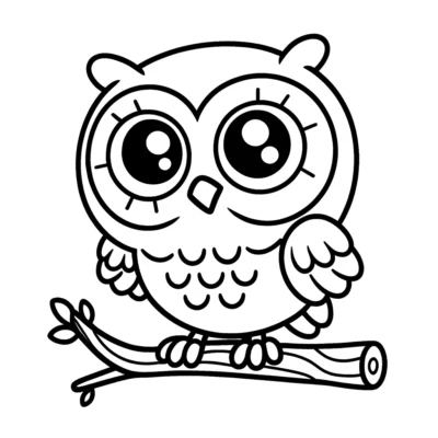 Black and white line drawing of a cute cartoon owl sitting on a branch, with large eyes and detailed feathers.