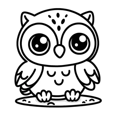 Black and white line drawing of a cute, round owl with large eyes, sitting on a branch.