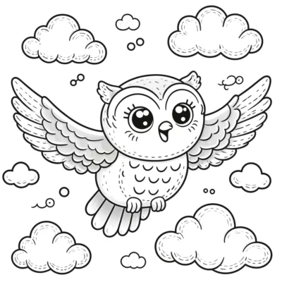 Black and white illustration of a cute owl with outstretched wings flying among fluffy clouds.