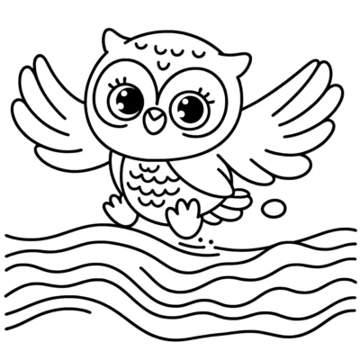Un dibujo lineal de un búho de dibujos animados volando sobre el agua, con las alas levantadas y una expresión juguetona.