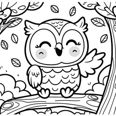 A black and white illustration of a cute owl sitting on a branch with leaves and branches surrounding it.
