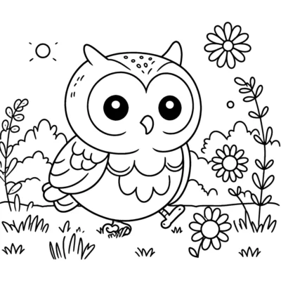 A line drawing of a cartoon owl standing in a grassy field with flowers and plants, under a sunny sky.