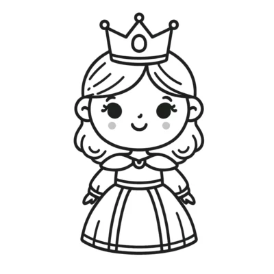 Coloring Page Black and white illustration of a smiling cartoon princess wearing a crown and a detailed dress.
