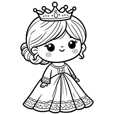 Coloring Page Black and white line drawing of a young princess with a crown, wearing a decorated gown, and smiling.