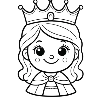 Malvorlage: Schwarz-weiße Strichzeichnung einer Cartoon-Prinzessin mit Krone, lächelnd, zum Ausmalen.