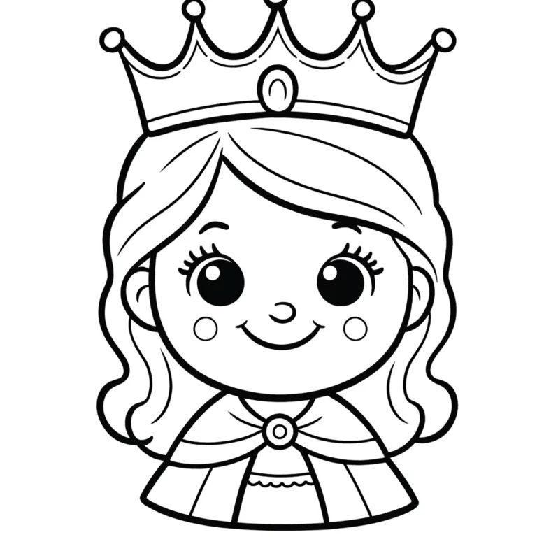 Malvorlage: Schwarz-weiße Strichzeichnung einer Cartoon-Prinzessin mit Krone, lächelnd, zum Ausmalen.