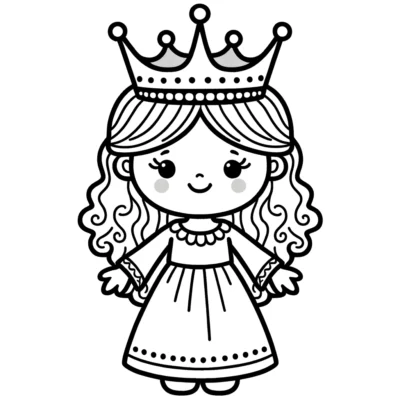 Malvorlage Schwarz-weiß-Illustration einer lächelnden Cartoon-Prinzessin mit lockigem Haar, die eine Krone und ein einfaches Kleid trägt.