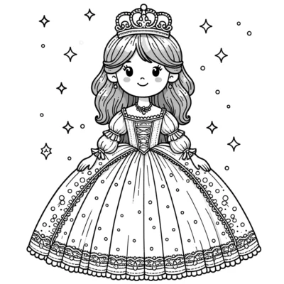 Coloring Page Black and white illustration of a smiling princess wearing a crown and an elaborate gown, surrounded by small stars.