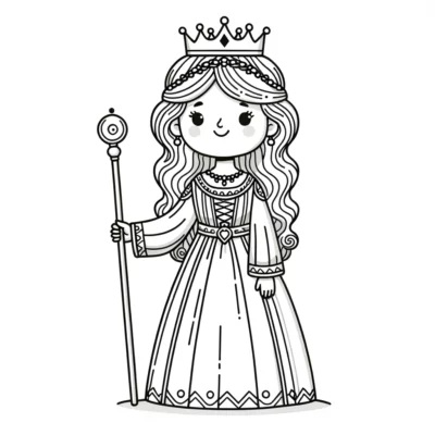 Coloring Page Line drawing of a smiling young queen holding a scepter, wearing a crown, and dressed in a detailed royal gown.