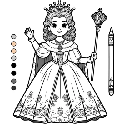 Página para colorear Página para colorear en blanco y negro que muestra una princesa de dibujos animados que lleva una corona y sostiene un cetro, con una paleta de colores y un lápiz en el costado.