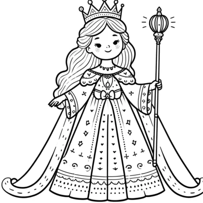 Coloring Page Black and white line drawing of a smiling young queen in a detailed dress and crown, holding a scepter.