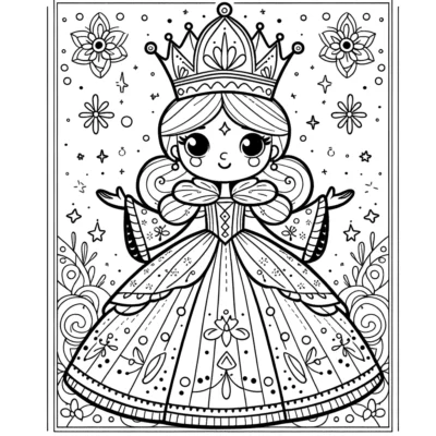 Coloring Page Black and white coloring page featuring a cartoon princess wearing a crown and a detailed gown, surrounded by stars and floral patterns.