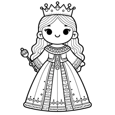 Coloring Page Black and white line drawing of a cute cartoon princess with a crown and scepter, wearing an ornate dress.