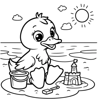 Una caricatura de un pato alegre sentado junto a un castillo de arena y un cubo en una playa soleada, con el océano y el sol de fondo.