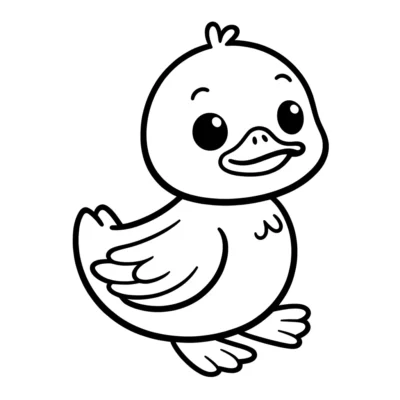 Line drawing of a cute, smiling cartoon duckling standing upright with one wing raised.