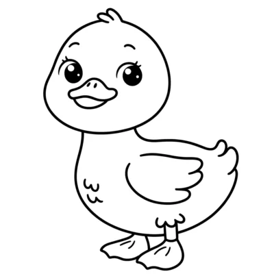 A cartoon drawing of a cute, cheerful duckling with large eyes and fluffy feathers, standing upright.