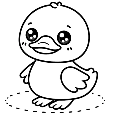 Black and white line drawing of a cute cartoon duckling standing with large eyes and a happy expression.