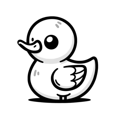 Black and white illustration of a cute, stylized duck with a prominent beak and circular eyes.
