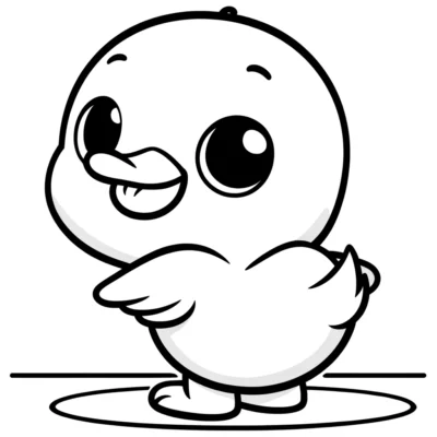 Illustration of a happy cartoon duckling standing on one leg, smiling, with oversized eyes and small wings.
