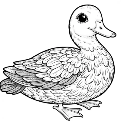 Black and white illustration of a duck with detailed feathers and a cheerful expression.