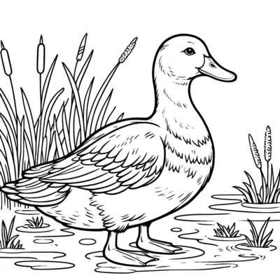 Line drawing of a duck standing by a pond with reeds and water lilies, depicted in a detailed, illustrative style.