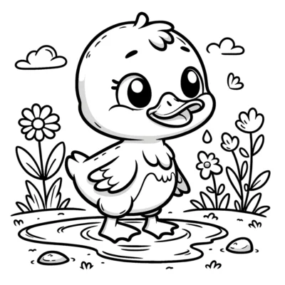 A black and white illustration of a cute duckling standing in a puddle, surrounded by flowers and small stones, under a cloudy sky.