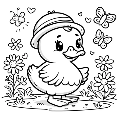 A cartoon drawing of a cute duckling wearing a striped hat, surrounded by butterflies and daisies in a grassy area.